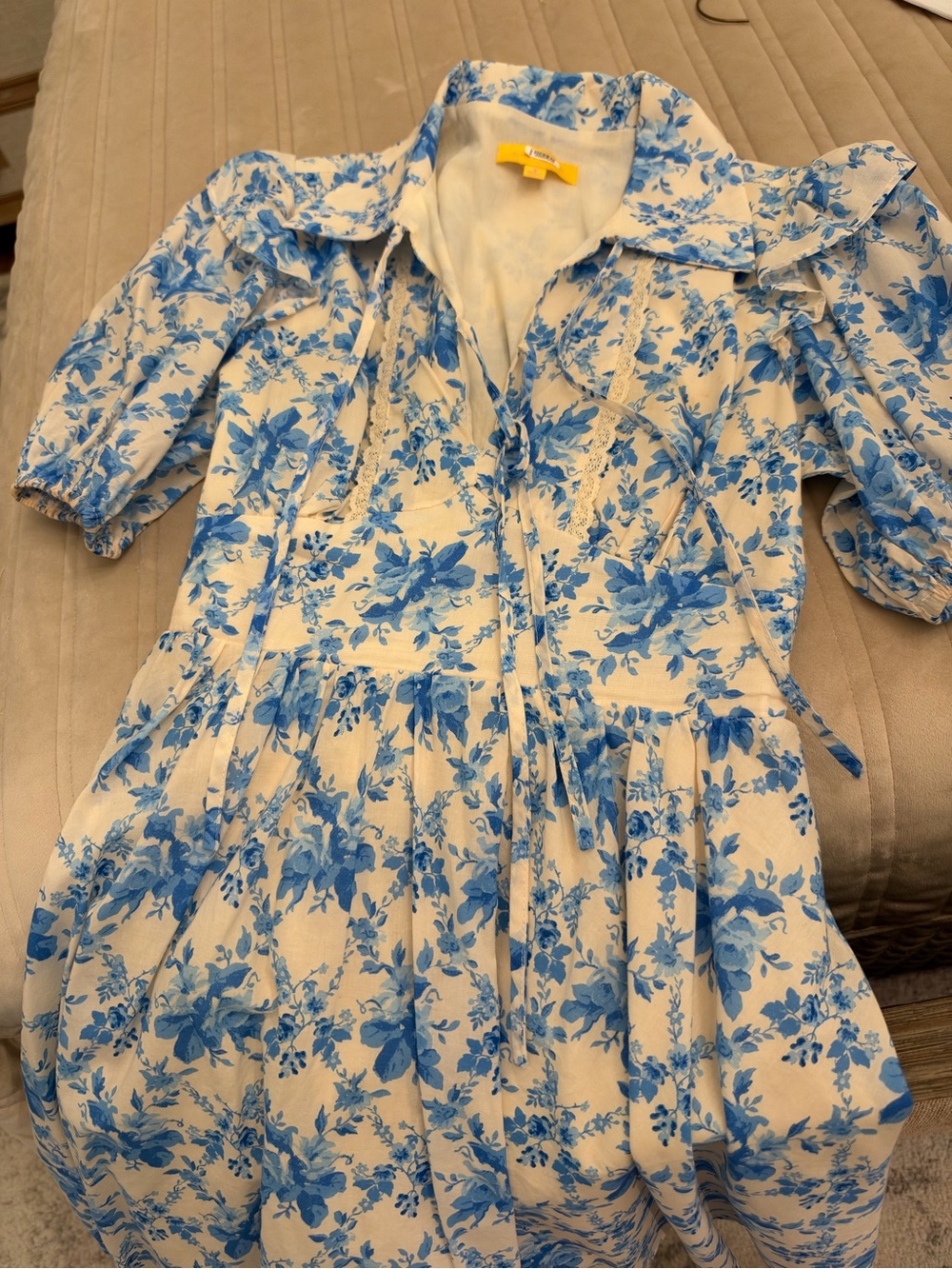 Flying Tomato Cream and Blue Floral Tie-Waist women’s Dress